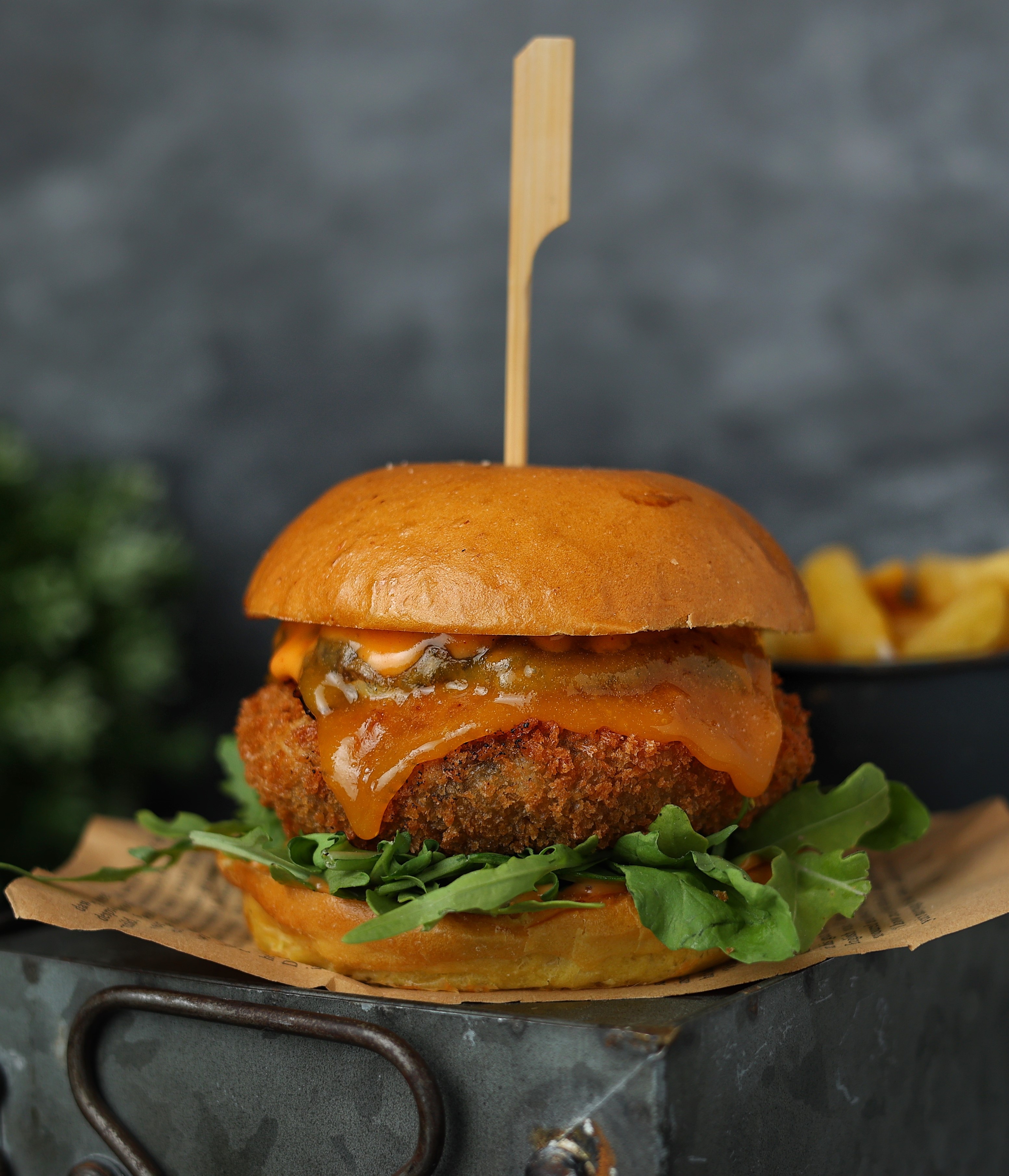 Vegetarian Delight- Mushroom patty served on Brioche with Cheese & Spicy Sauce 